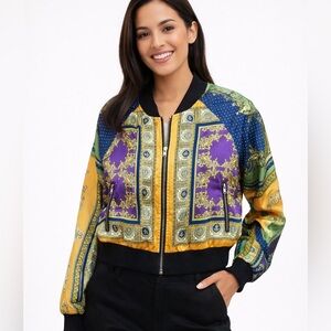 Love Tree Sm/Med Lightweight Zip-Up Bomber Jacket Baroque Print Boho Festival